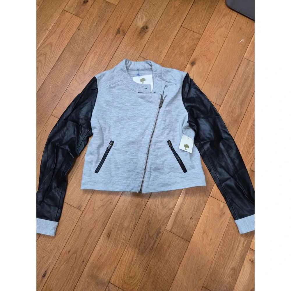 Tucker + Tate Kids Moto Jacket Ash Heather Grey Black Faux Leather L 10/12 NEW